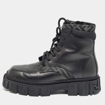Pre Owned Fendi Black Leather and Canvas Ankle Boots Size 41