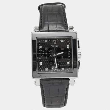 Pre Owned Fendi Black Stainless Steel Ceramic Leather Quadro 6500G Men's Wristwatch 39 mm