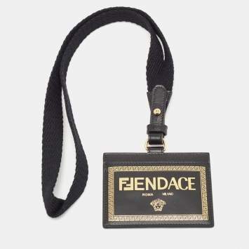 Pre Owned Fendi x Versace Black/Gold Leather Fendace Lanyard Card Holder