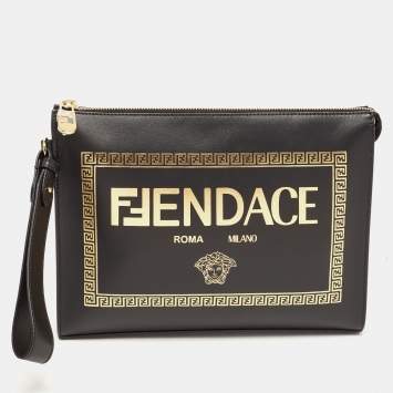 Pre Owned Fendi x Versace Black Leather Logo Wristlet Zip Pouch