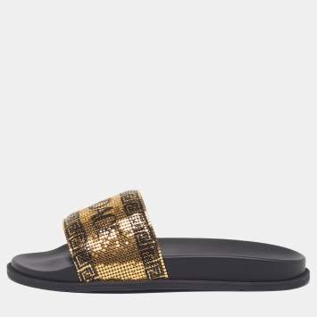 Pre Owned Fendi x Versace Size 44 Gold/Black Metal Mesh Pool Slide Flat Sandals