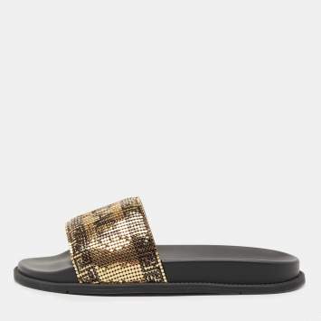 Pre Owned Fendi x Versace Gold Metal and Leather Flat Slides Size 40