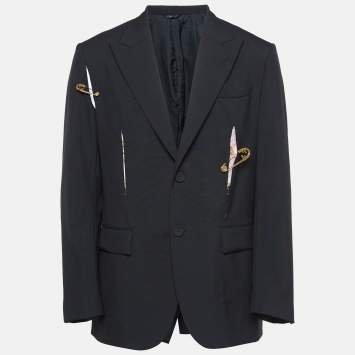 Pre Owned Fendace Black Wool Cut-Out Safety Pin Detail Blazer L