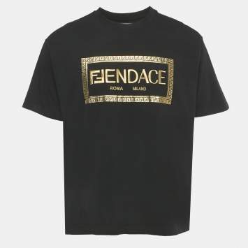 Pre Owned Fendance Black Logo Embroidery and Print Crew Neck T-Shirt L