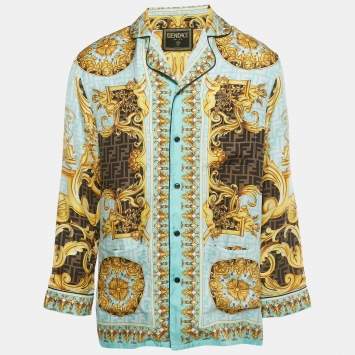 مملوكة مسبقًا Fendace Aqua Blue Baroque Print Silk Pajama Shirt S  