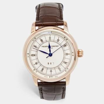 Pre Owned Frederique Constant Silver Rose Gold Plated Alligator Leather Limited Edition Zodiac FC-724CC4H4 Men's Wristwatch 41 mm