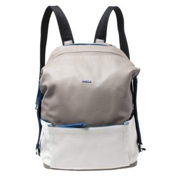 Pre Owned Furla Grey/Blue Leather Icaro Backpack
