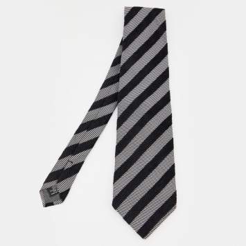 Pre Owned Gianfranco Ferre Grey & Black Diagonal Striped Jacquard Tie