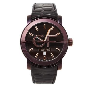 Pre Owned GF Ferre Brown IP Coated Stainless Steel Leather 9104M Men's Wristwatch 44 mm
