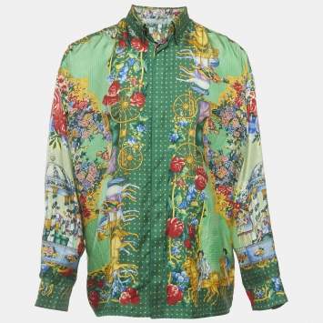 Pre Owned Gianni Versace Green Printed Silk Oversized Shirt L