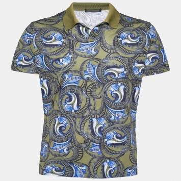 Pre Owned Versace Green Printed Cotton Pique Polo T-Shirt M