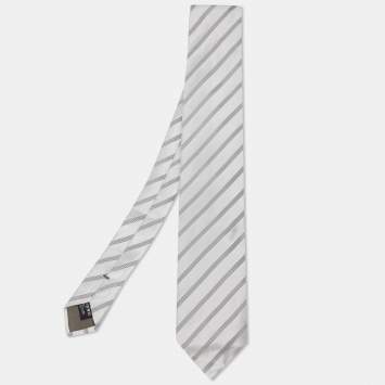 Pre Owned Giorgio Armani Grey Diagonal Striped Silk Tie