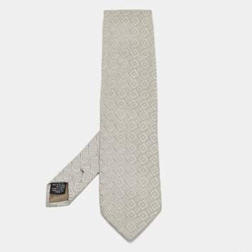 Pre Owned Giorgio Armani Grey Jacquard Silk Traditional Tie