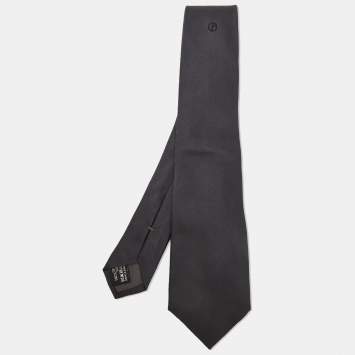 Pre Owned Giorgio Armani Grey Logo Embroidered Silk Classic Tie 