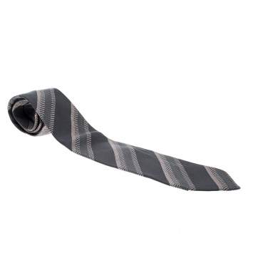 Pre Owned Giorgio Armani Grey Contrast Diagonal Striped Silk Jacquard Traditional Tie 