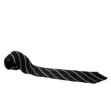 Pre Owned Giorgio Armani Cravatte Black and Beige Diagonal Striped Jacquard Traditional Tie