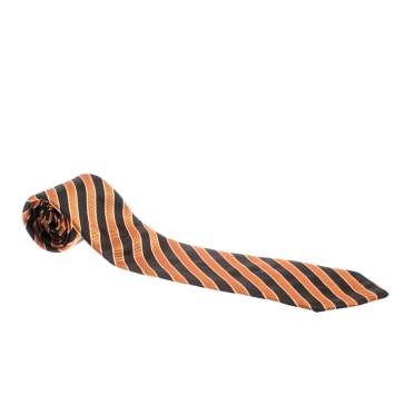 Pre Owned Giorgio Armani Vintage Orange and Black Diagonal Striped Silk Jacquard Tie