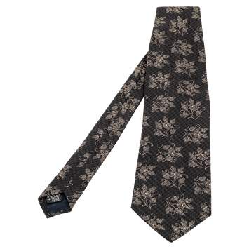 Pre Owned Giorgio Armani Black Floral Print Textured Silk Blend Traditional Tie