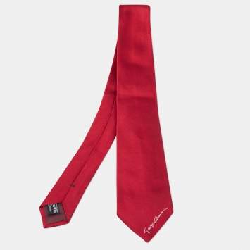 Pre Owned Giorgio Armani Red Silk Satin Logo Detail Tie