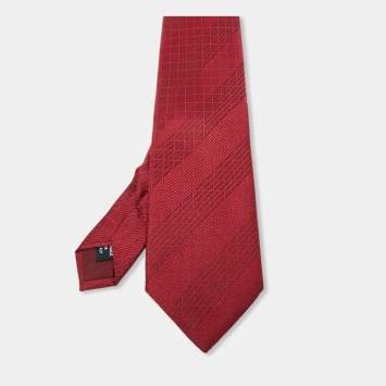 Pre Owned Giorgio Armani Maroon Grid Stripe Pattern Silk Traditional Tie