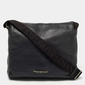 Pre Owned Giorgio Armani Black Leather Logo Flap Messenger Bag