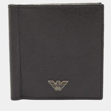 Pre Owned Giorgio Armani Black Leather Logo Bifold Wallet