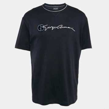 Pre Owned Giorgio Armani Navy Blue Logo Embroidered Jersey T-Shirt XXXL