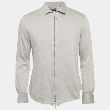 Giorgio Armani Grey Herringbone Cotton Blend Zip-Up Shirt M