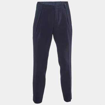 Giorgio Armani Navy Blue Ribbed Wool Pleated Pants M