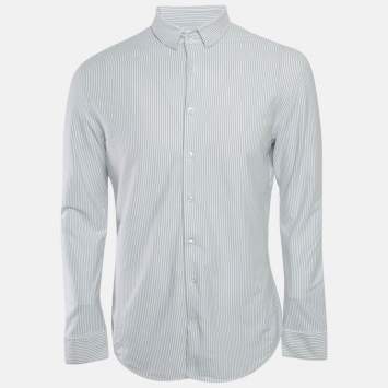 Pre Owned Giorgio Armani White Striped Cotton Jersey Shirt M