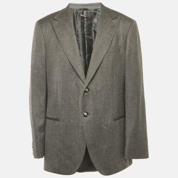 Pre Owned Giorgio Armani Dark Grey Textured Wool Single Breasted Blazer 4XL