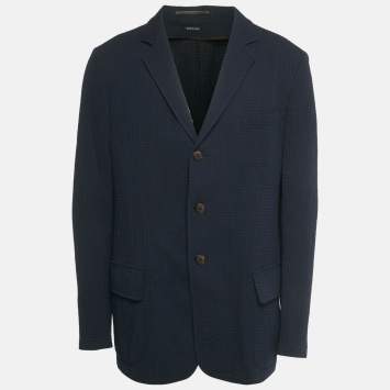 مملوكة مسبقًا Giorgio Armani Navy Blue Patterned Crepe Single Breasted Blazer XXXL