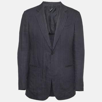 Pre Owned Giorgio Armani Navy Blue Stripe Linen Blend Single Breasted Blazer L