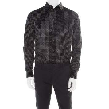 Pre Owned Giorgio Armani Black Misplaced Square Printed Cotton Button Front Shirt L