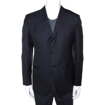Pre Owned Giorgio Armani Dark Blue Pinstripe Wool Three Buttoned Blazer L