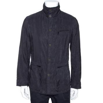 Pre Owned Giorgio Armani Slate Grey Linen Cotton Zip Front Overcoat S