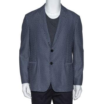 Pre Owned Giorgio Armani Navy Blue Zig Zag Print Textured Knit Jacket XL