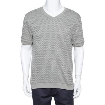 Pre Owned Giorgio Armani Grey Chevron Knit Short Sleeve Sweater 2XL