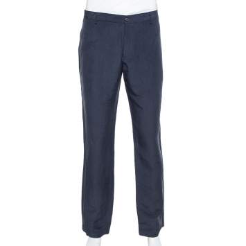 Pre Owned Giorgio Armani Navy Blue Flax & Silk Classic Trousers 4XL