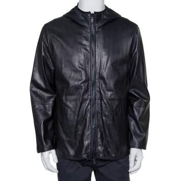 Pre Owned Giorgio Armani Black Leather Hooded Zip Front Jacket XXL