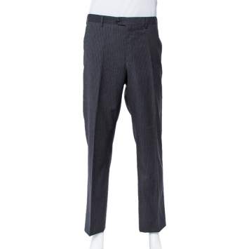 Pre Owned Giorgio Armani Charcoal Grey Striped Wool Straight leg Pants 3XL