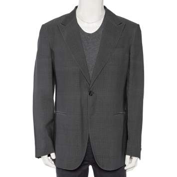 Pre Owned Giorgio Armani Charcoal Grey Patterned Wool Button Front Blazer 3XL