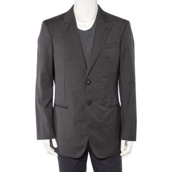 Pre Owned Giorgio Armani Charcoal Grey Striped Wool Button Front Blazer 3XL