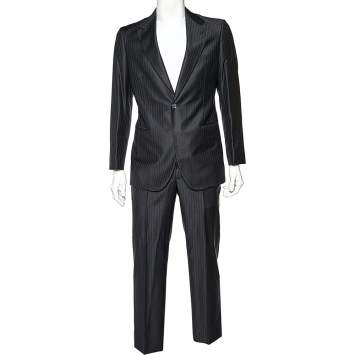 Pre Owned Giorgio Armani Black Striped Wool Super 160's Suit M