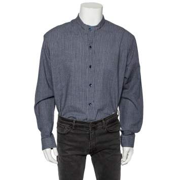 Pre Owned Giorgio Armani Navy Blue Striped Crinkled Cotton Button Front Shirt 3XL