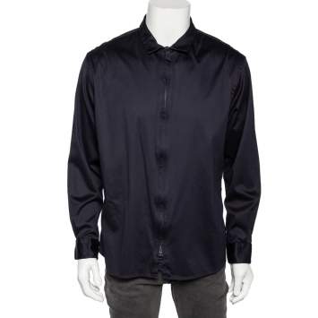Pre Owned Giorgio Armani Navy Blue Stretch Cotton Zip Front Shirt 4XL