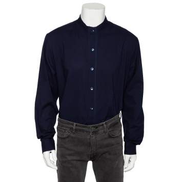 Pre Owned Giorgio Armani Navy Blue Crinkled Cotton Button Front Shirt 4XL