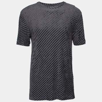 مملوكة مسبقًا Giorgio Armani Grey Diagonal Stripe Textured Knit Short Sleeve T-Shirt 3XL