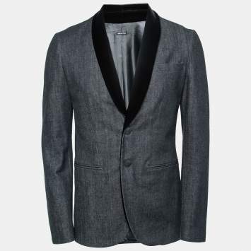 Pre Owned Giorgio Armani Dark Blue Denim Velvet-Lapel Tuxedo Jacket M   
