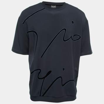 مملوكة مسبقًا Giorgio Armani Navy Blue Flocked Logo Detail Modal Knit T-Shirt 3XL